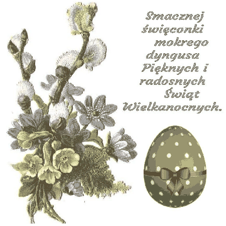 Kartka z kwiatami, pisanką i życzeniami